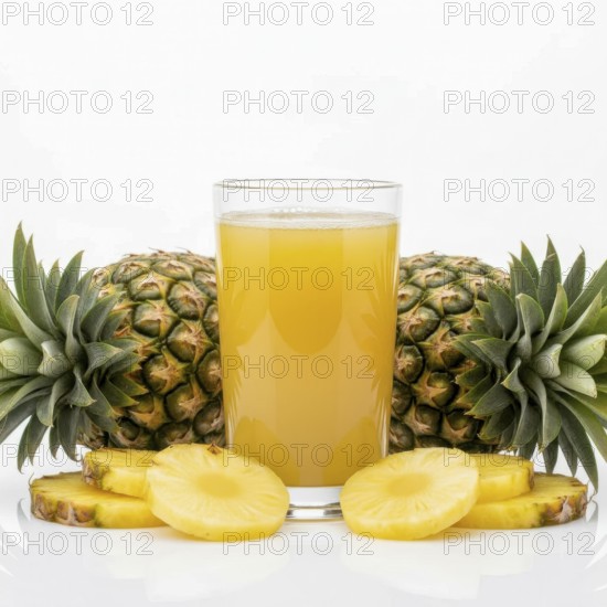 A refreshing glass of pineapple juice is surrounded by whole pineapples and sliced pieces, perfect