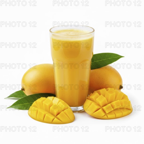 A vibrant image showcases a glass of fresh mango juice alongside whole and sliced mangoes,