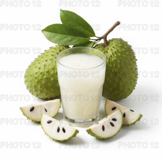 A refreshing glass of soursop juice is surrounded by the exotic fruit and its slices, showcasing a