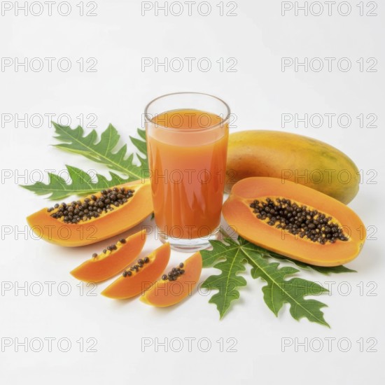 A refreshing glass of papaya juice is presented alongside sliced papaya fruit and vibrant green
