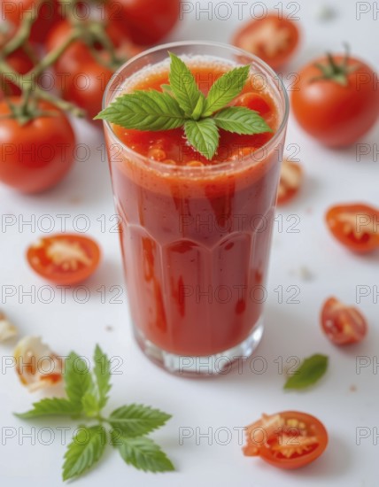 A tall glass of fresh tomato juice is garnished with mint leaves, surrounded by ripe tomatoes on a