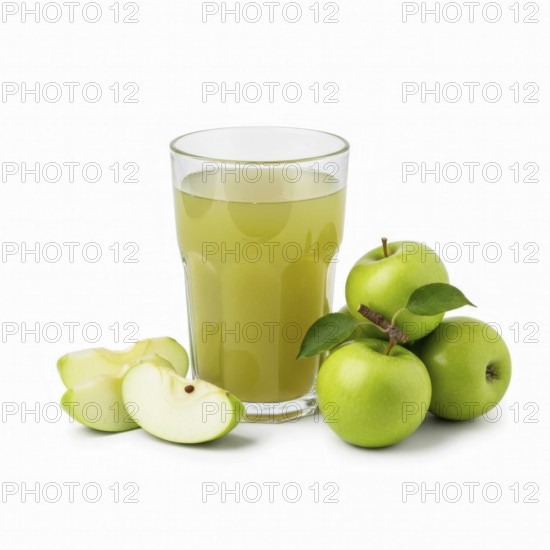 A refreshing glass of apple juice is presented alongside fresh green apples, some whole and others