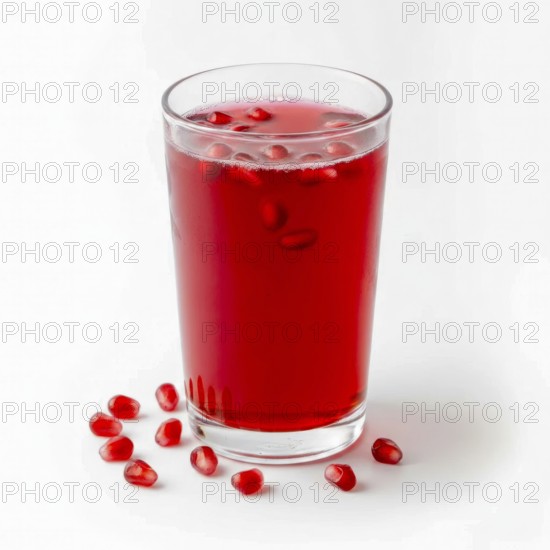 A vibrant image showcasing a glass of fresh pomegranate juice, garnished with seeds, set against a