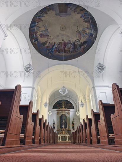 Interior of a church with impressive ceiling fresco and view of the altar, Kammersdorf Hollabrunn