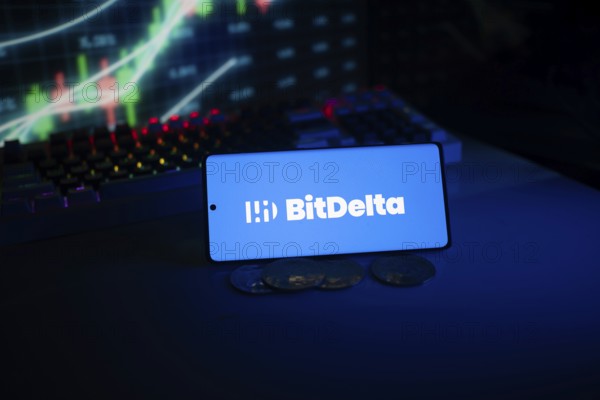 BitDelta logo presented with coins and trading charts in a neon blue setting