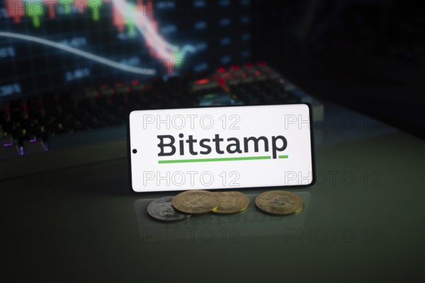 Bitstamp logo displayed with coins and market chart in electrifying neon lights