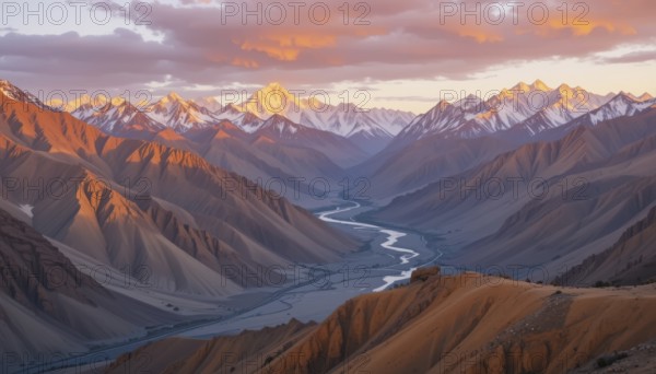 The golden hour bathes the snow-capped peaks and valley in a warm glow, highlighting the rugged