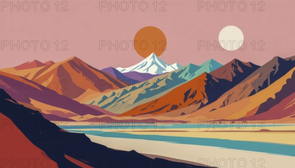 This vibrant illustration depicts a stylized mountain range with a setting sun and a second moon,