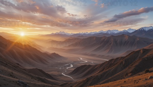 The sun rises, casting a warm glow over the mountains and valley below, creating a breathtaking