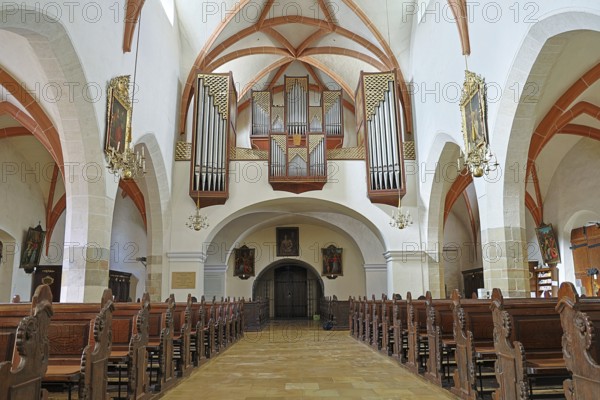 View into the interior of a church with high vaulted ceilings and an impressive organ on the wall,