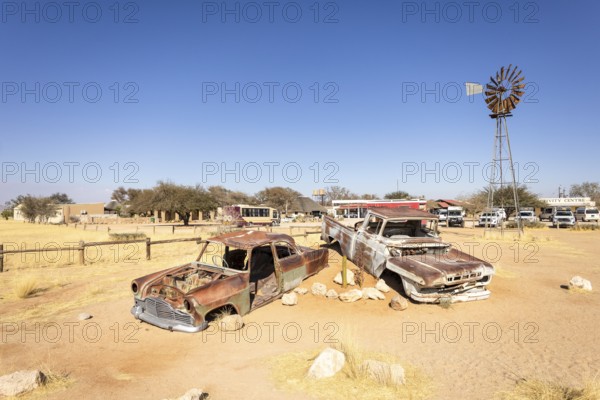 Solitaire's car graveyard in Namibia - 27 August, 2025: features rusted vintage cars near small