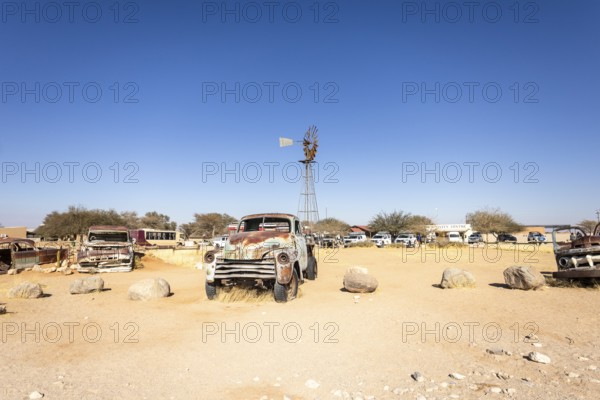 Solitaire's car graveyard in Namibia - 27 August, 2025: features rusted vintage cars near small