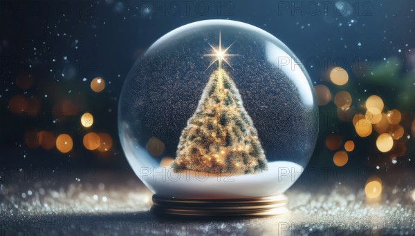 Snow globe featuring a christmas tree with falling snow and bokeh lights, creating a magical