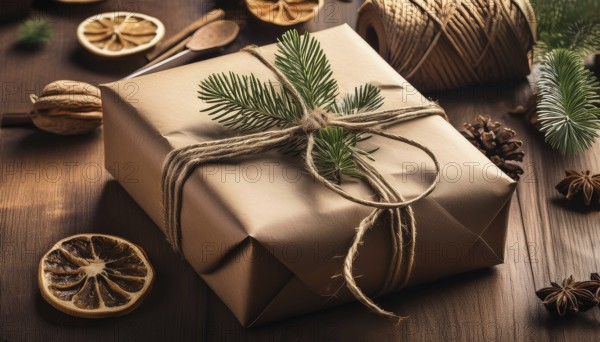Christmas present wrapped in simple brown paper, tied with twine and decorated with natural pine