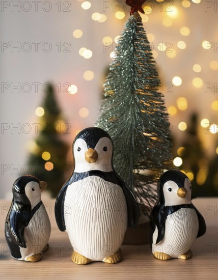 Three charming penguin figurines gather around a small christmas tree, illuminated by warm,