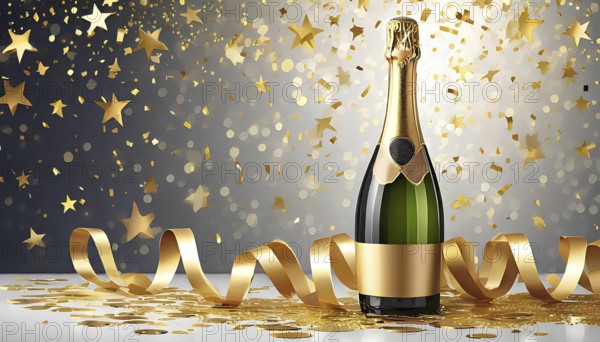 A bottle of champagne is surrounded by gold ribbons and confetti. The image conveys a celebratory
