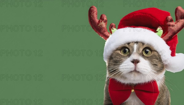 Adorable cat celebrating christmas with festive reindeer antlers and a stylish red bow tie against
