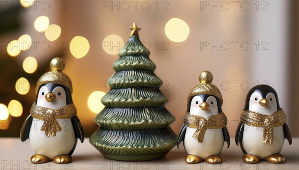 Three adorable penguins wearing golden scarves and hats gather around a festive christmas tree,