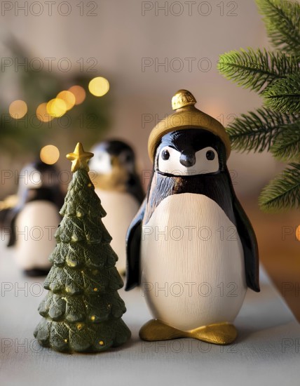 Christmas penguins figurines celebrating winter holidays with a lighted tree and blurred lights, AI