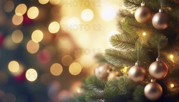 Festive christmas tree with golden baubles and warm string lights creating a magical holiday