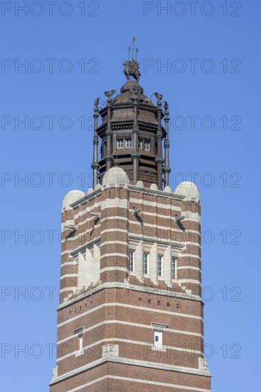Courthouse, court house tower, expressionist brick architecture in the city centre of Dendermonde,