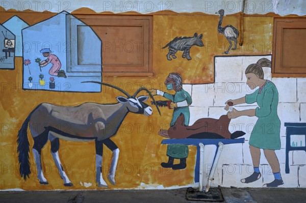 Wall painting of an oryx antelope (Oryx gazella) at a school, Oranjemund, Diamond Sperrgebiet,