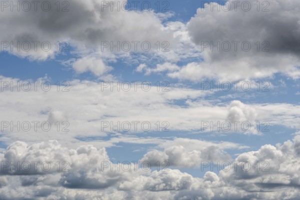 Dense clouds float in the blue sky and create a calming landscape. Natural light illuminates the