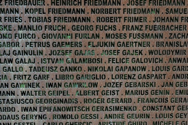 Detail, name wall made of steel plates with a total of 2908 laser-engraved names of former