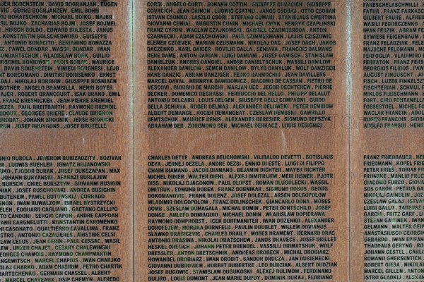 Detail, name wall made of steel plates with a total of 2908 laser-engraved names of former