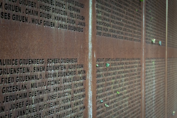 Name wall made of steel plates with a total of 2908 laser-engraved names of former concentration