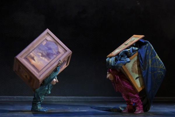 Two artists dressed up at the press screening of Alizé, a joint production by Cirque du Soleil and