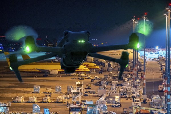 Symbolic image, photomontage, reconnaissance, spying with drones here at an airport, critical