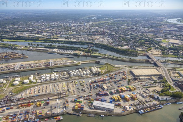 Aerial view, Duisburg harbour with Ruhrort container terminal, oil island and coal island, river