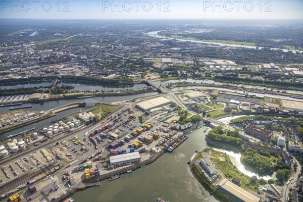 Aerial view, harbour Duisburg Ruhrorter Straße with Ruhrort Container Terminal and coal ring
