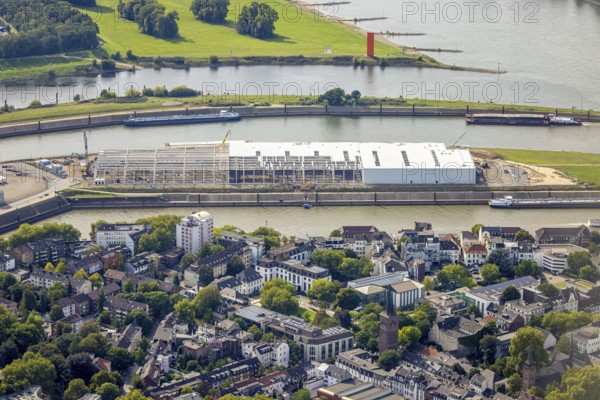 Aerial view, logistics hall construction site and new building on Mercatorinsel, Ruhrort, Duisburg,