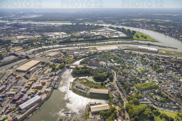 Aerial view, harbour Duisburg Ruhrorter Straße and Kohle-Ringhafen with Karl-Lehr-Brücke,
