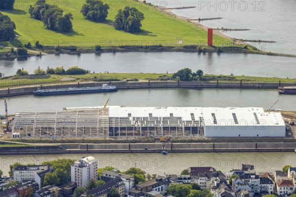 Aerial view, logistics hall construction site and new building on Mercatorinsel, Ruhrort, Duisburg,