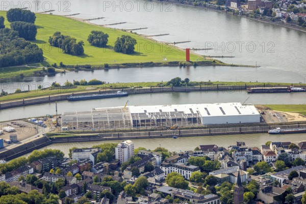 Aerial view, logistics hall construction site and new building on Mercatorinsel, Ruhrort, Duisburg,