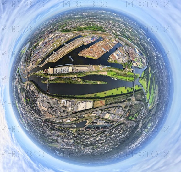 Aerial view, Duisburg-Ruhrort harbour with oil island, coal island and scrap island, A59 motorway,