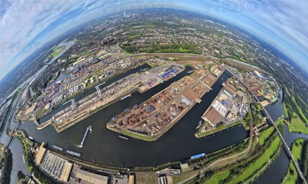 Aerial view, Duisburg-Ruhrort harbour with oil island, coal island and scrap island, A59 motorway,