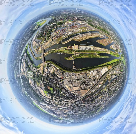 Aerial view, harbour Duisburg-Ruhrort with oil island, coal island and scrap island, river Ruhr and