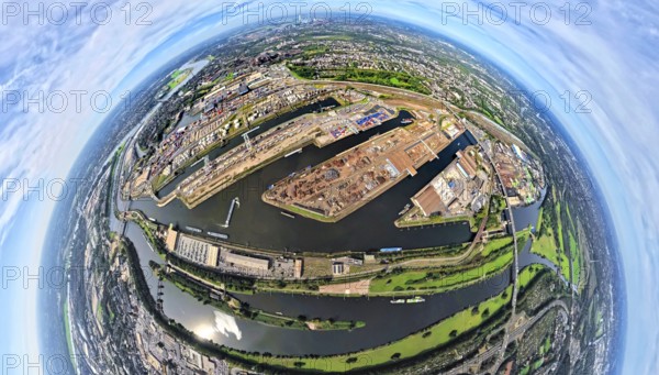 Aerial view, Duisburg-Ruhrort harbour with oil island, coal island and scrap island, A59 motorway,
