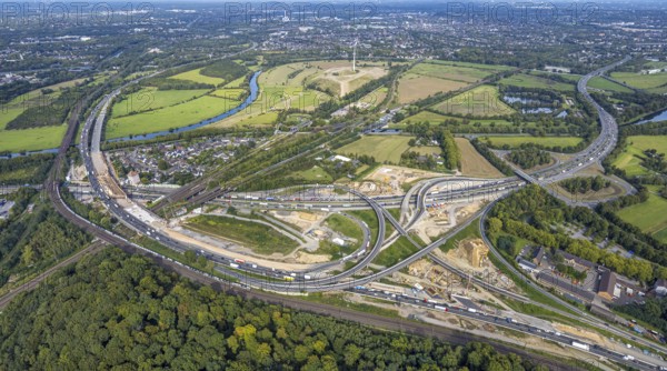Aerial view, motorway junction Kaiserberg with construction site, motorway A40 and A3, behind