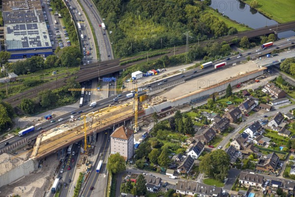 Aerial view, Kaiserberg motorway junction with construction site and bridge construction,
