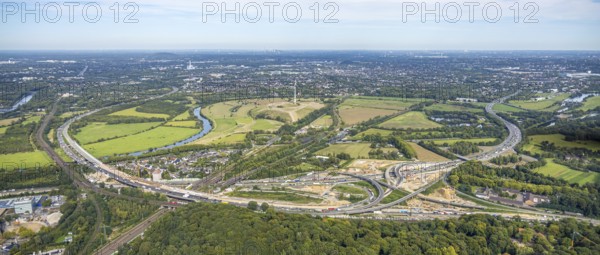 Aerial photo, panoramic photo of the Kaiserberg motorway junction with construction site, A40 and