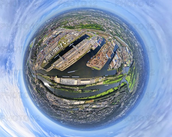 Aerial view, Duisburg-Ruhrort harbour with oil island, coal island and scrap island, A59 motorway,