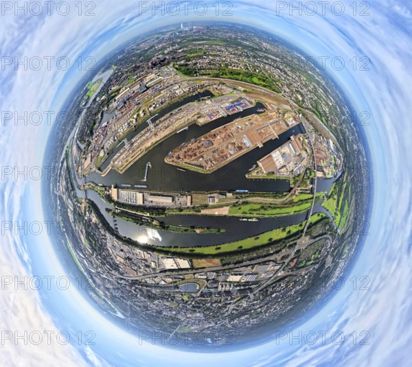 Aerial view, Duisburg-Ruhrort harbour with oil island, coal island and scrap island, A59 motorway,