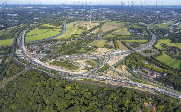 Aerial view, motorway junction Kaiserberg with construction site, motorway A40 and A3, behind