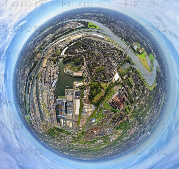 Aerial view, Ruhrort district with Ruhrort terminal, Duisburg harbour and Ruhr estuary into the