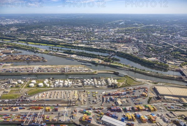 Aerial view, Duisburg harbour with Ruhrort container terminal, oil island and coal island, river